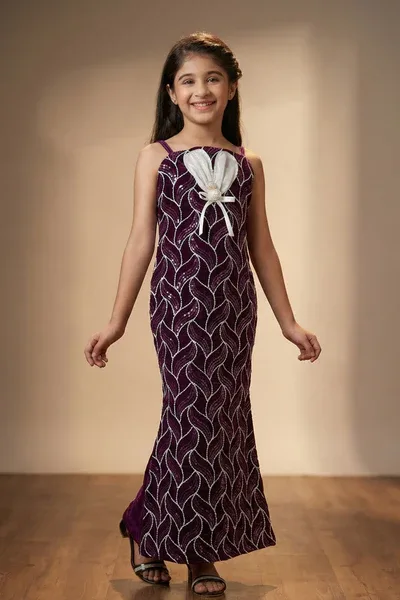 Wine and Silver Leaf Sequin Party Wear Gown With 3D Bow Appliqué For Girls